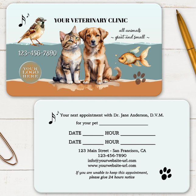 Möte Affärskort på djur Tidsbeställning Kort (Professional business card for a veterinarian or pet clinic featuring watercolor animals)