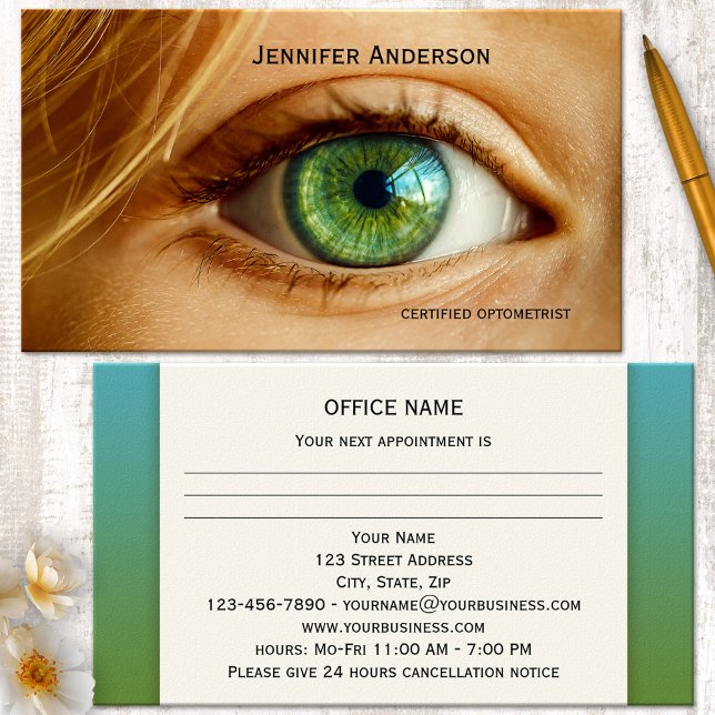 Möte Affärskortet öga Tidsbeställning Kort (Appointment business card for an optometrist, optician or ophthalmologist, featuring a green eye)