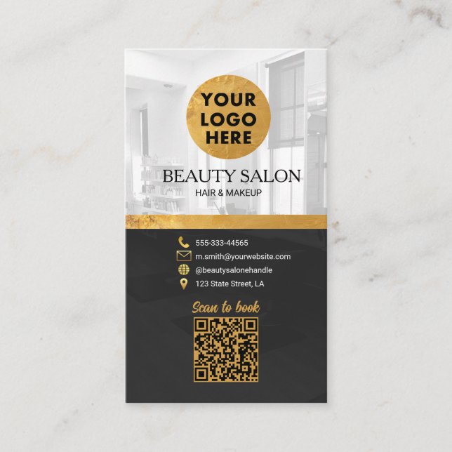 Möte Beauty Salon Black Guld QR-kod Visitkort (Framsida)