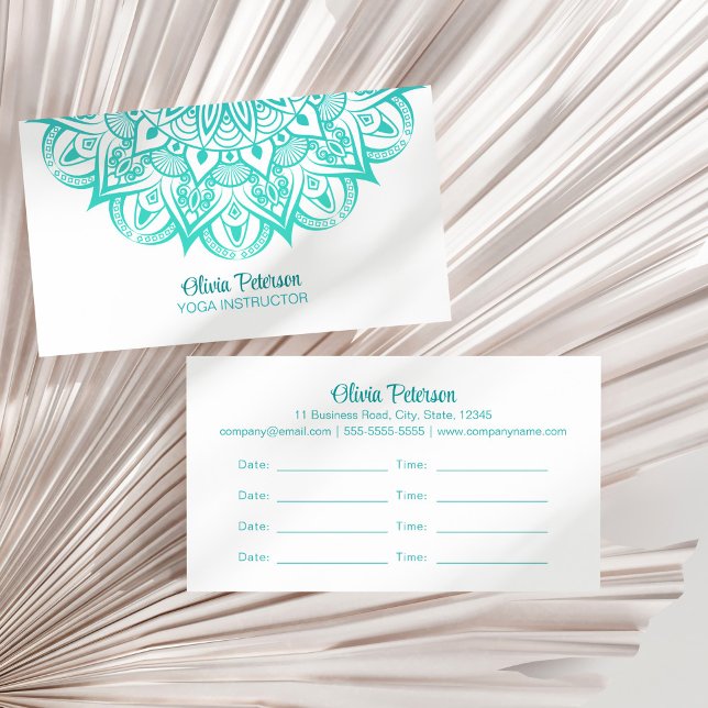 Möte för Turkvoise Mandala Yoga Instructor Visitkort (Turquoise Mandala Yoga Instructor Appointment Business Card on a dry palm leaf.)