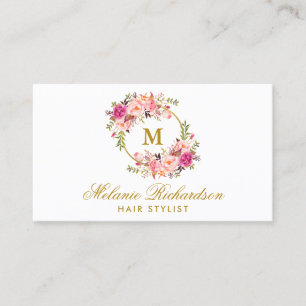 Möte kort M för guld- rosa blom- hårstylist