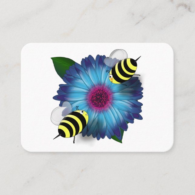 Möte med honungsbin om blå blomma visitkort (Framsida)