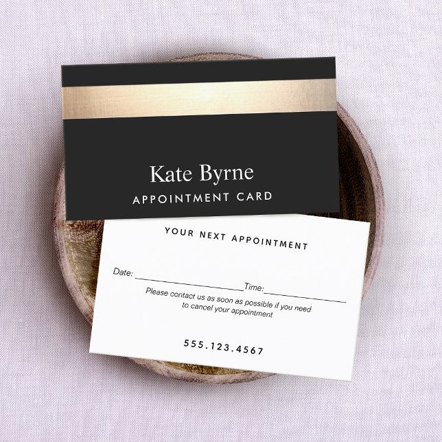 Möte påminnelse om elegant Modern Black Guld Visitkort (Business card appointment reminder with Simulated Gold foil stripe on back background)