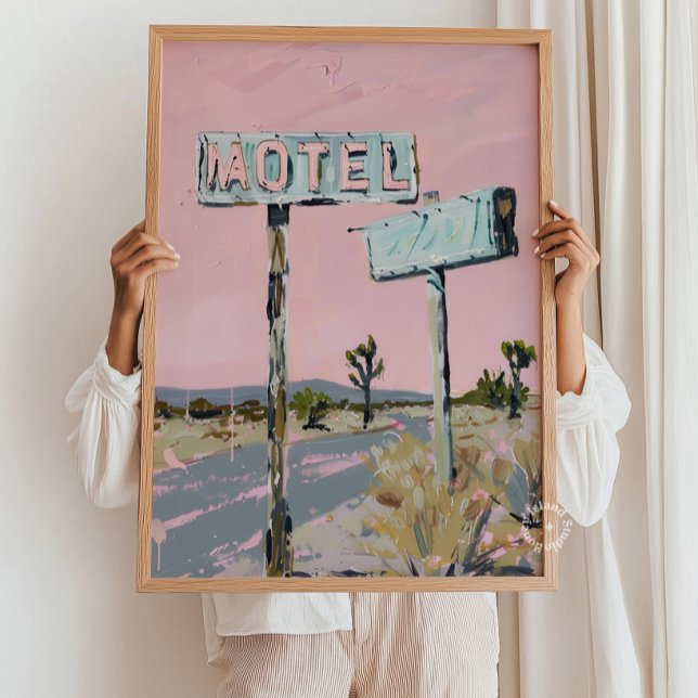 Motelskylt Ökenväg Affisch Tryck (Motel Sign Desert Road Poster Print – Vintage Road Trip Wall Art, Retro Desert Landscape, Travel Aes)