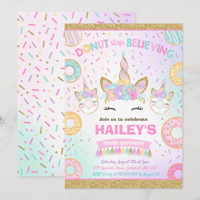 Mötesinbjudan för Donut och Enhörning Donut Sluta  Inbjudningar (Fram/baksida)