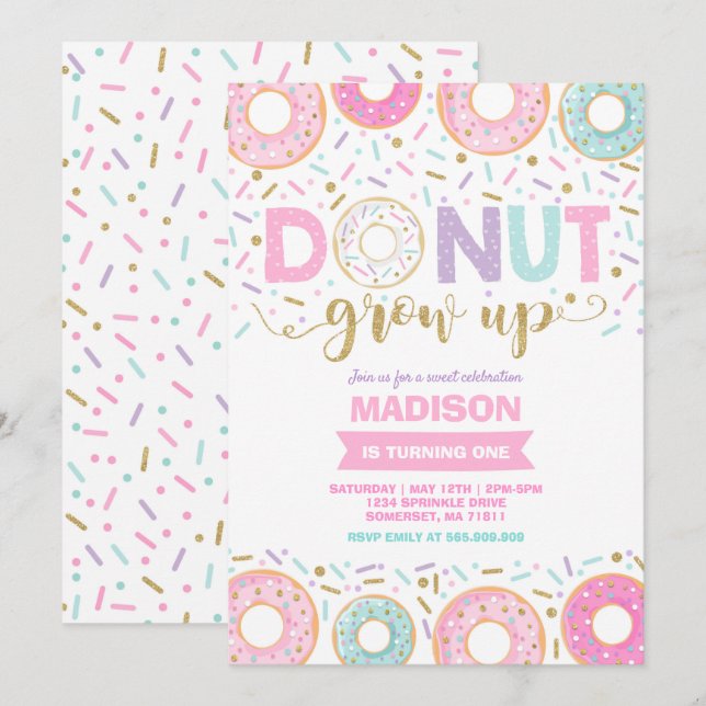 Mötesinbjudan till födelsedagsdonut - Donut, bli i Inbjudningar (Fram/baksida)