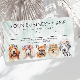 Möteskort akvarell hundar blommor, grön visitkort