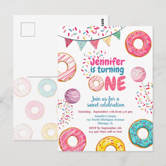 Möteskort för födelsedagsdonut Söt 1 ETT Vykort (Fram/baksida)