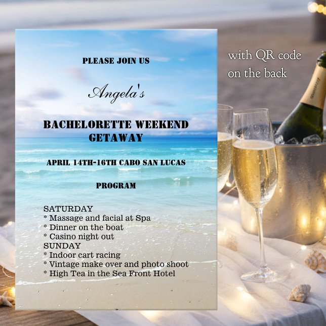 Mötesmall för möhippa på stranden program (Bachelorette weekend getaway invitation program template with a colorful painting of a beach)