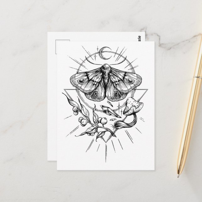 Moth and Mushrooms Black and White Vykort (Fram/Back In Situ)