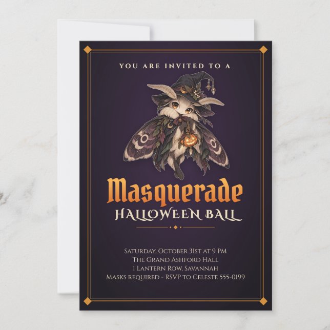 Moth Witch Halloween Maskeradbal Invitation Inbjudningar (Framsida)