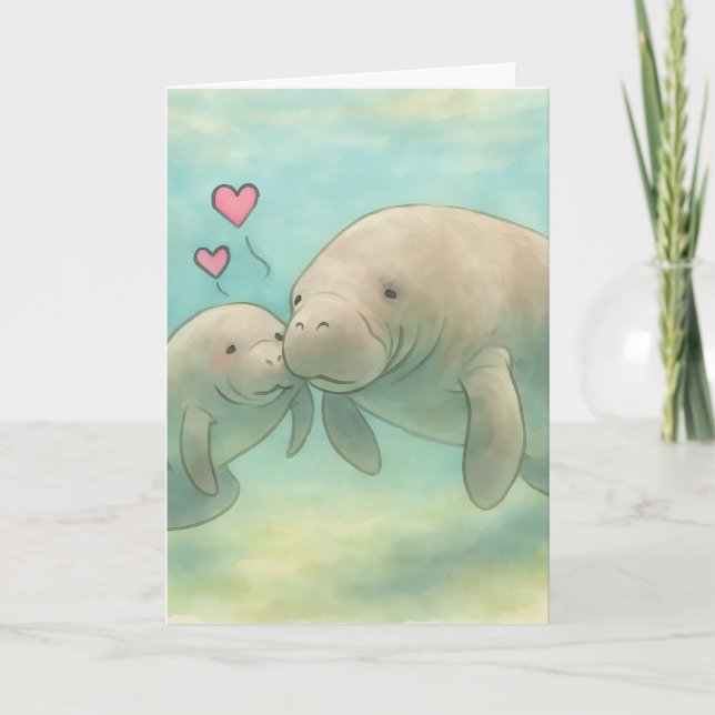 Mother and Baby Manatee Watercolor Illustration –  Kort (Framsida)