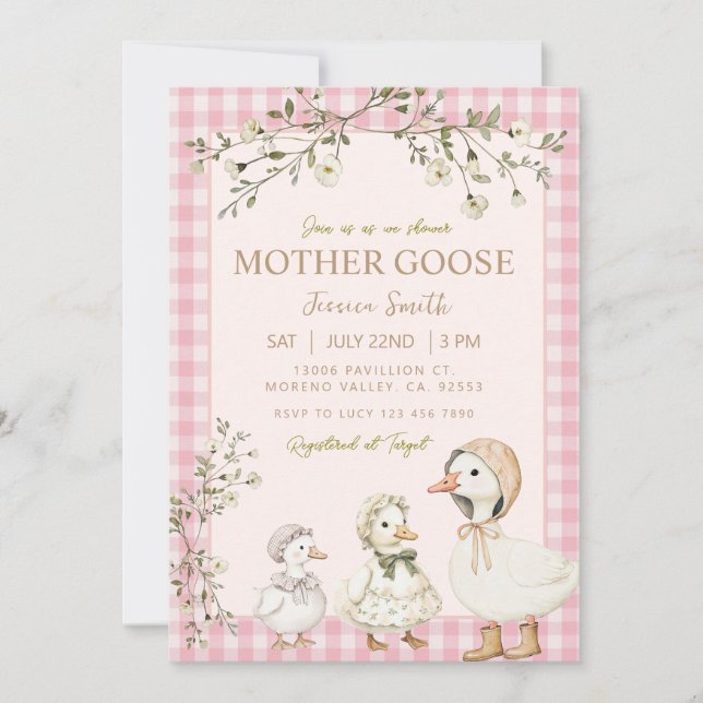 Mother Goose Baby Shower Rosa Flicka Inbjudningar (Framsida)