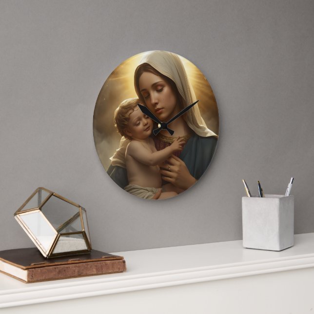 Mother Mary and Baby Jesus Wall Clock Stor Klocka (Kontor)