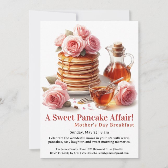 Mother’s Day Breakfast Invitation – Pancakes Roses Inbjudningar (Framsida)