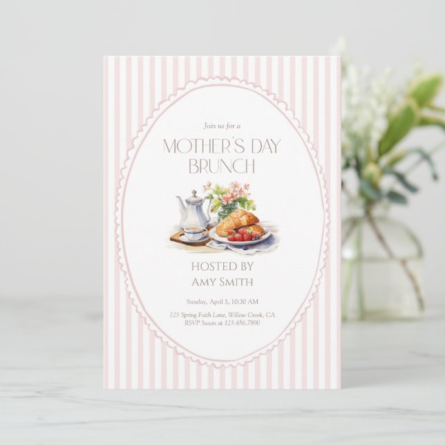 Mother’s Day Brunch Pink Stripes Breakfast Inbjudningar (Stående Fram)