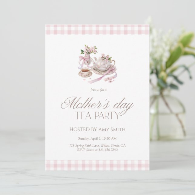 Mother’s Day Tea Party Pink Gingham Inbjudningar (Stående Fram)