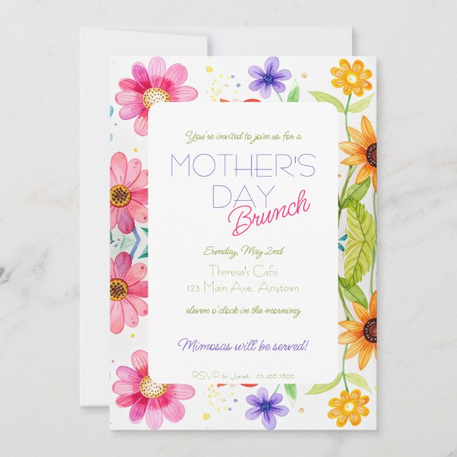 Mother's Day Bright Floral Brunch Invitation Inbjudningar (Framsida)