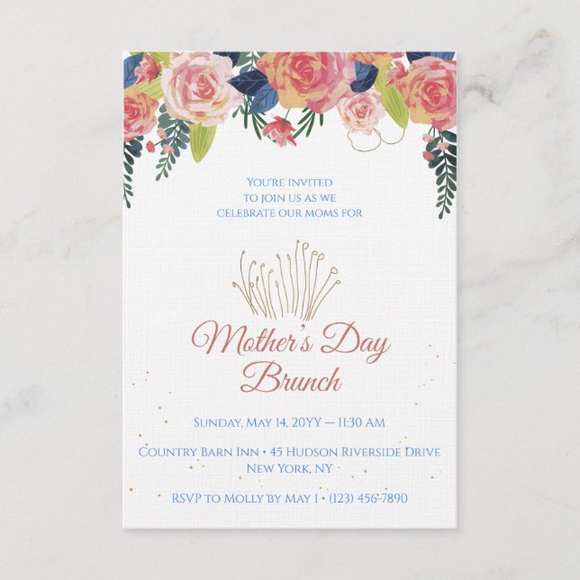 Mother's Day Brunch Floral Navy Blue & Rose Gold Inbjudningar (Framsida)