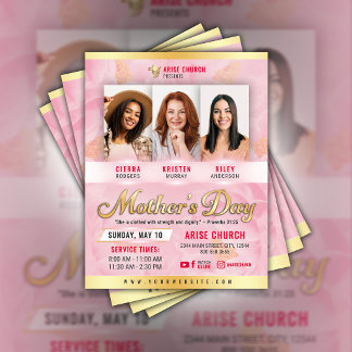 Mother's Day Church Service Pink Florals & Gold Reklamblad