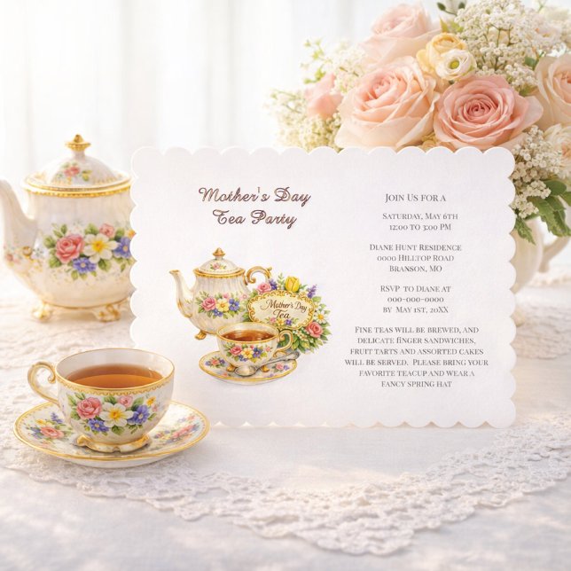 Mother's Day Elegant Tea Party  Inbjudningar (Elegant vintage tea party invitation template )