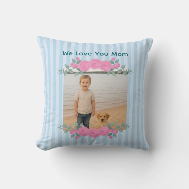 Mother's Day Mom Photo Throw Pillow Roses Blue Kudde (Framsida)