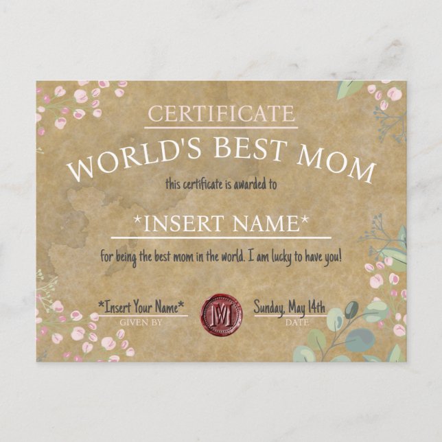 Mother's Day World's Best Mom Certificate Meddelande Vykort (Framsida)