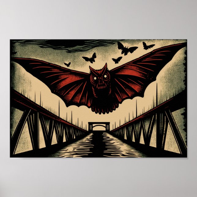 Mothman och Bridge Spooky Woodcut Art Skriv ut Poster (Framsidan)