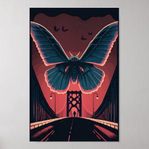 Mothman och Bridge Spooky Woodcut Art Skriv ut Poster