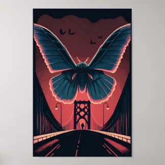 Mothman och Bridge Spooky Woodcut Art Skriv ut Poster