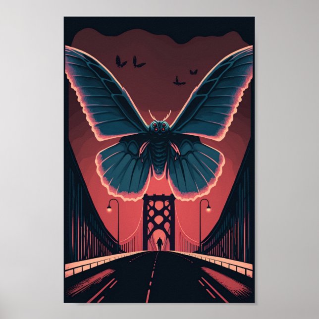 Mothman och Bridge Spooky Woodcut Art Skriv ut Poster (Framsidan)