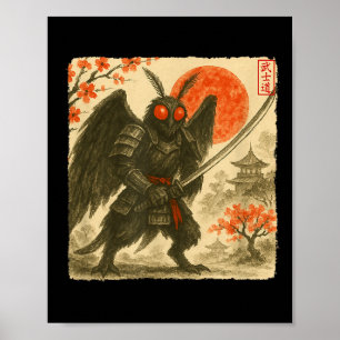 Mothman Samurai Japansk Krigare Kostym Sumi-e Ar Poster