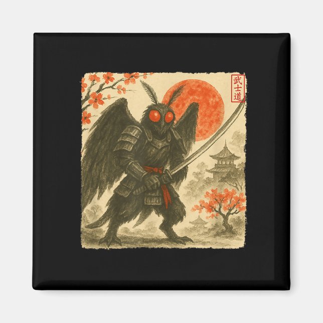 Mothman Samurai Japansk Krigare Kostym Sumi-e Kons Magnet (Framsidan)