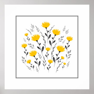 Motif för den moderna Gulten Grått Watercolor Blom Poster