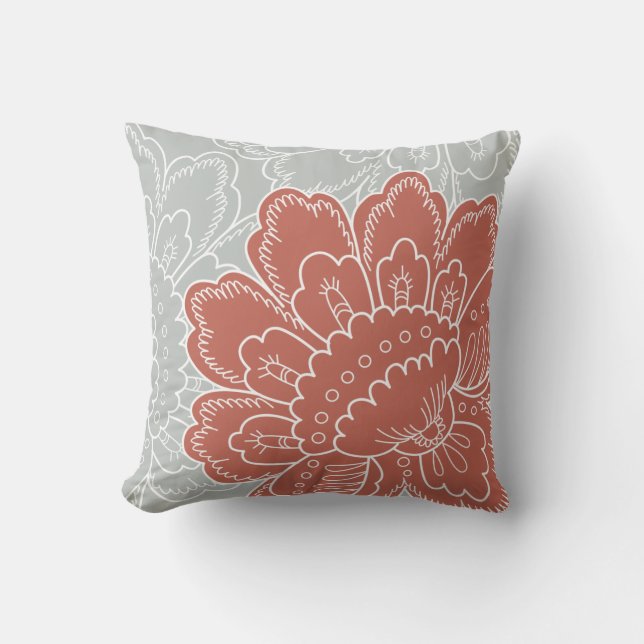 Motif Pillow med stor Blommigt i Silver och Brick  Kudde (Framsida)