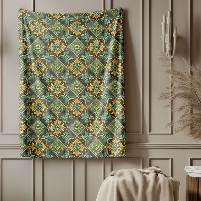 Motif-utskrift för elegant med rutin för kulisser  fleecefilt (Elegant Mediterranean Classic Tile Motif Print Fleece Blanket)