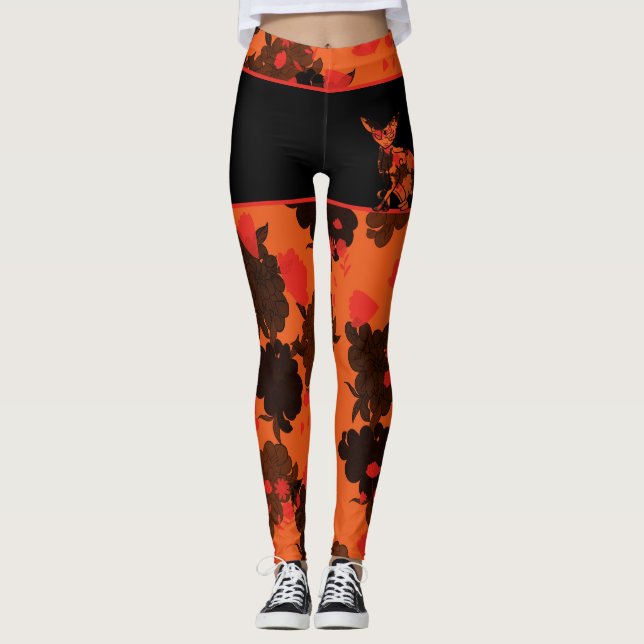 Motifs Chat Japonais & Chrysanthème Leggings (Framsida)