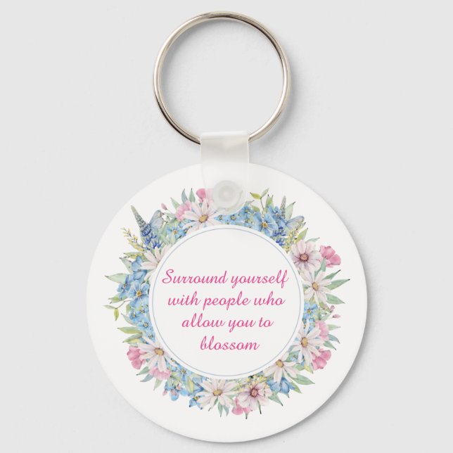 Motiv Rosa Vita blåa Blommigten andedräkt Nyckelring (Framsida)