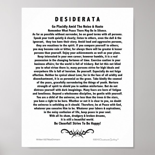 Motivational Desiderata Dikt från Max Ehrmann Poster (Framsidan)