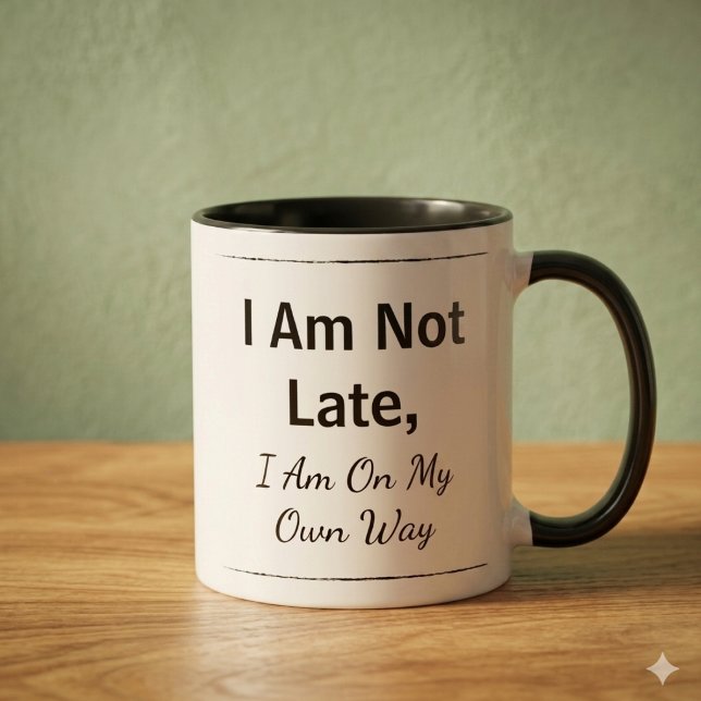 Motivational Quote Coffee Mug Mugg (Custom text ceramic mug with black handle. The text reads "I am not late, I am on my own way")