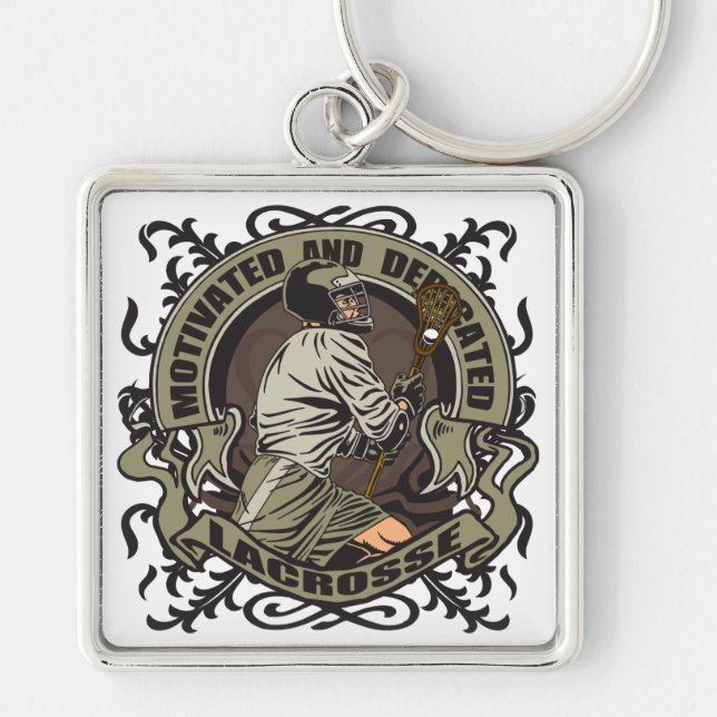 Motiverad Lacrosse Fyrkantig Silverfärgad Nyckelring (Framsidan)