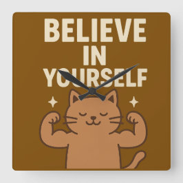 Motiverande Flexing Cat - "Tro på dig själv" Fyrkantig Klocka