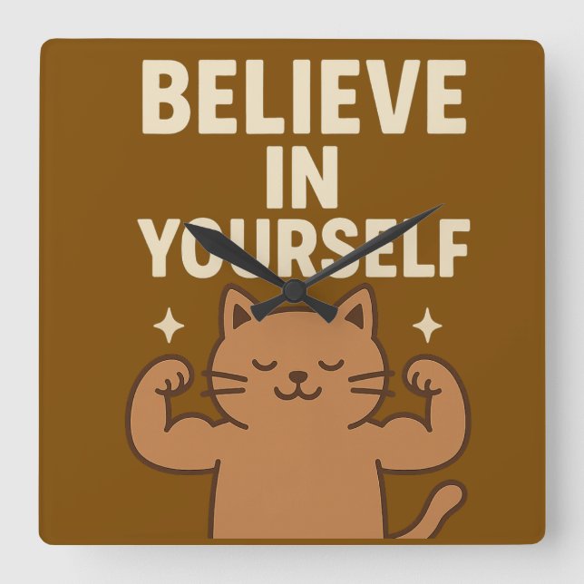 Motiverande Flexing Cat - "Tro på dig själv" Fyrkantig Klocka (Framsida)