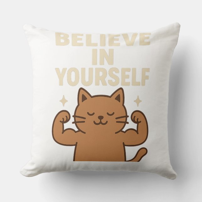 Motiverande Flexing Cat - "Tro på dig själv" Kudde (Framsida)