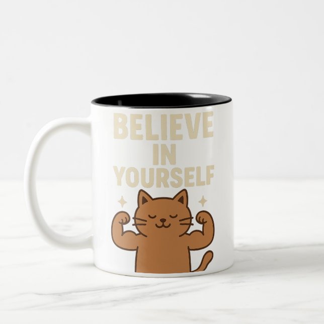 Motiverande Flexing Cat - "Tro på dig själv" Två-Tonad Mugg (Vänster)