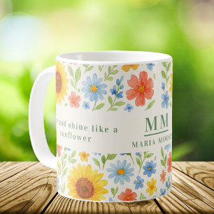 Motiveringscitattmonogram för solrosprodukter med kaffemugg