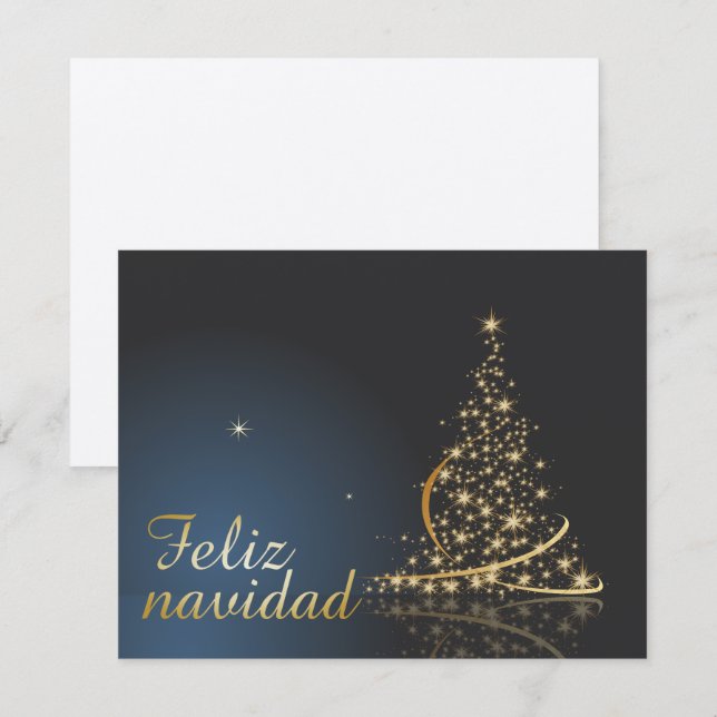 Motivo navideño azul con dorado árbol de navidad. inbjudningar (Fram/baksida)