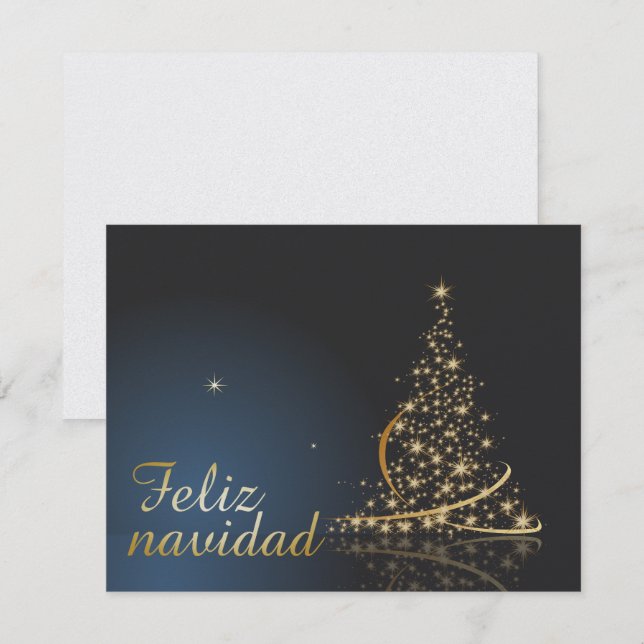 Motivo navideño azul con dorado árbol de navidad. inbjudningar (Fram/baksida)