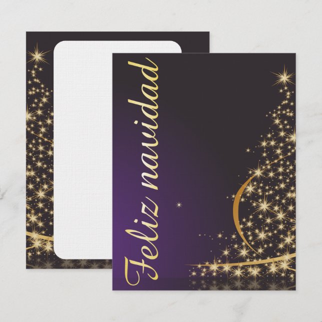 Motivo navideño morado oscuro con dorado árbol de inbjudningar (Fram/baksida)