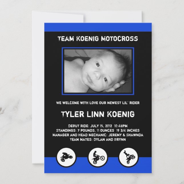 Motocross Dirt Bike Birth Announcement Blue/Black Meddelande (Framsida)